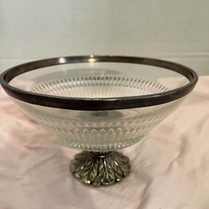 Vintage Pedestal Glass Fruit Bowl with Metal Rim and Base